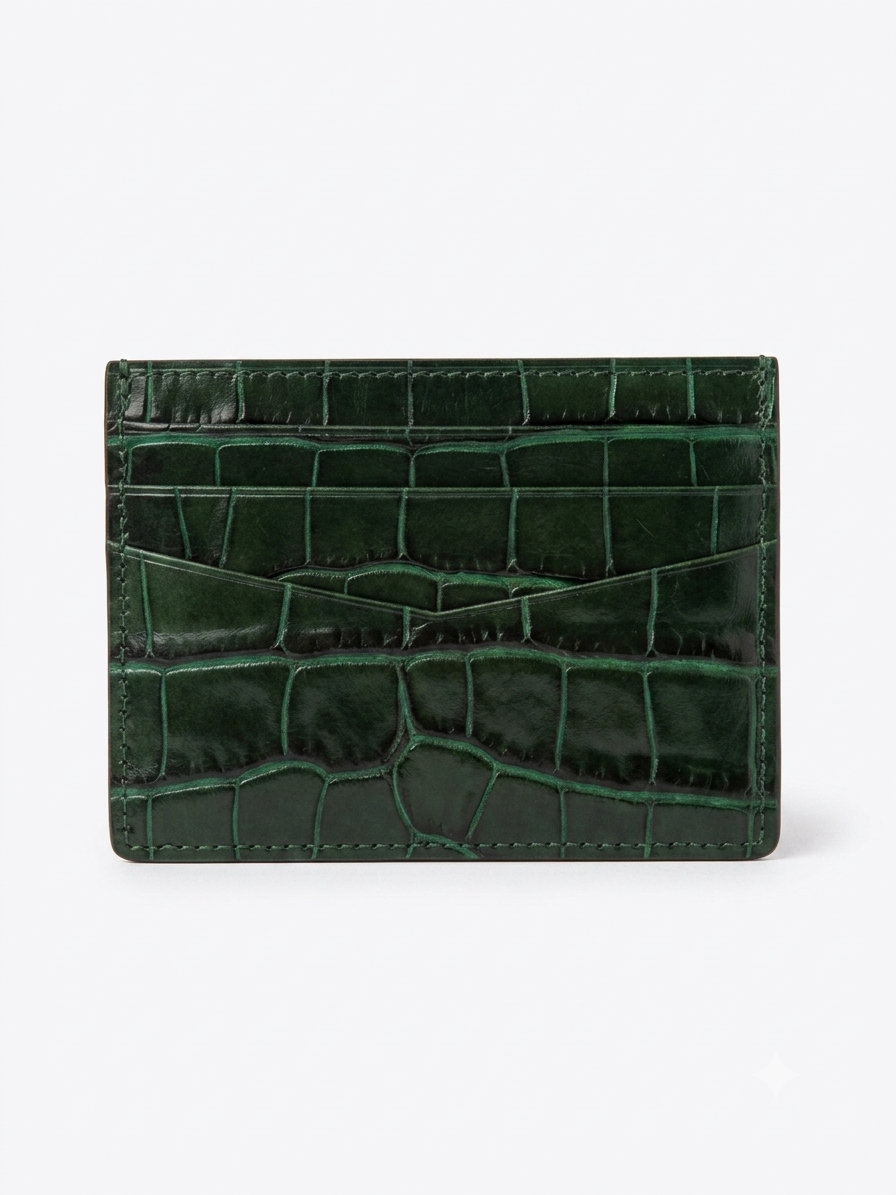 Tarjetero de Piel de Becerro Italiana Verde con Grabado Cocodrilo | 6 Tarjetas