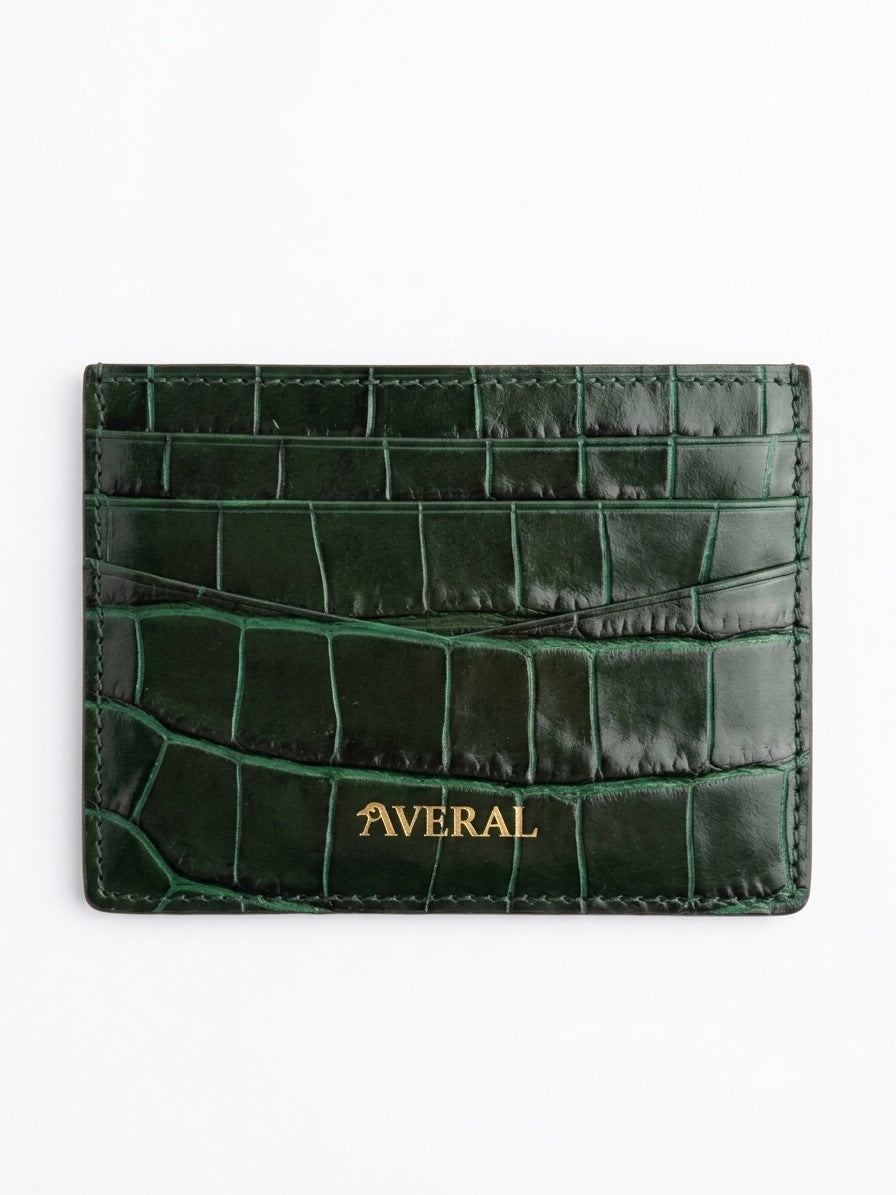 Tarjetero de Piel de Becerro Italiana Verde con Grabado Cocodrilo | 6 Tarjetas